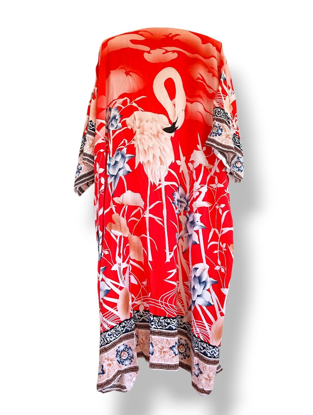 Red Orange Flamingo Back Panel Robe Floral Swim Coverup Kimono Floor Length Pool